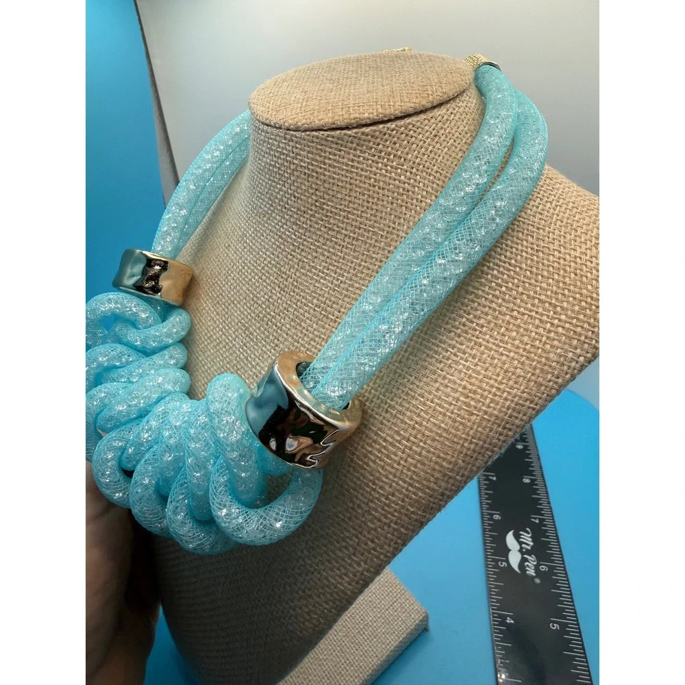 Aqua Blue Mesh‎ Crystal Knotted Bib Necklace Gold Tone Chunky Statement Collar